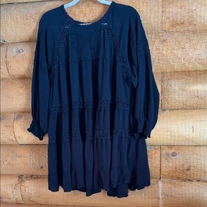 Free People Black Long Sleeve Tiered Lace-Trim Tunic Dress